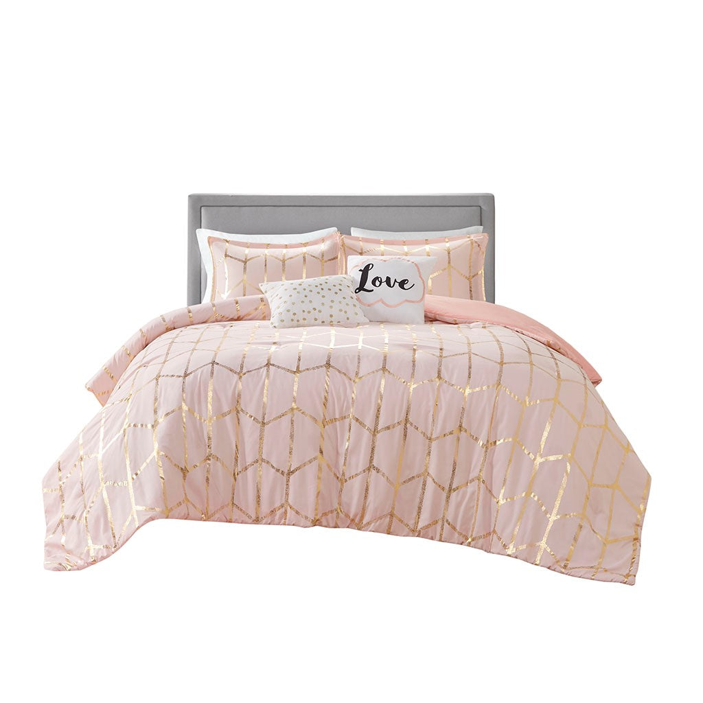 Luxuera Metallic Geometric Comforter Set – Blush Pink & Gold