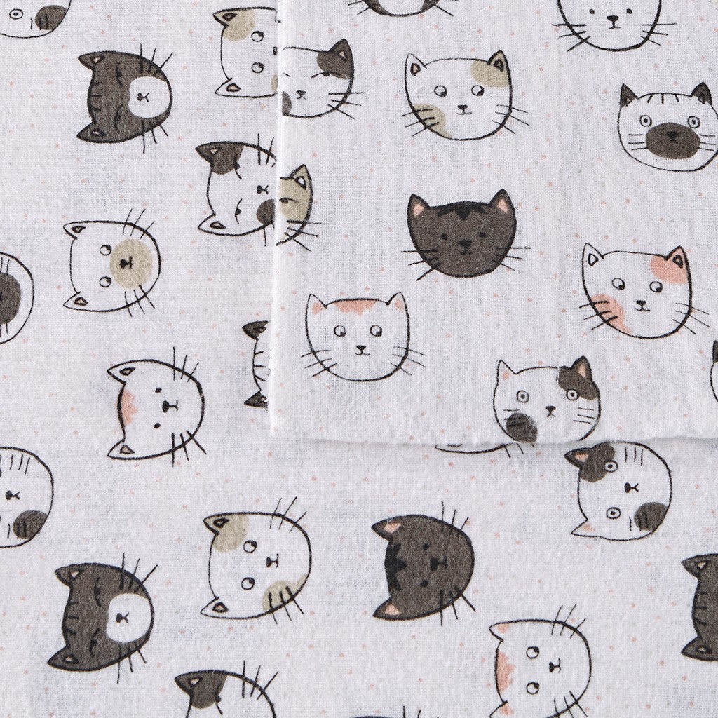 Grey/Pink Cats Soft Cotton Flannel Printed Sheet Set