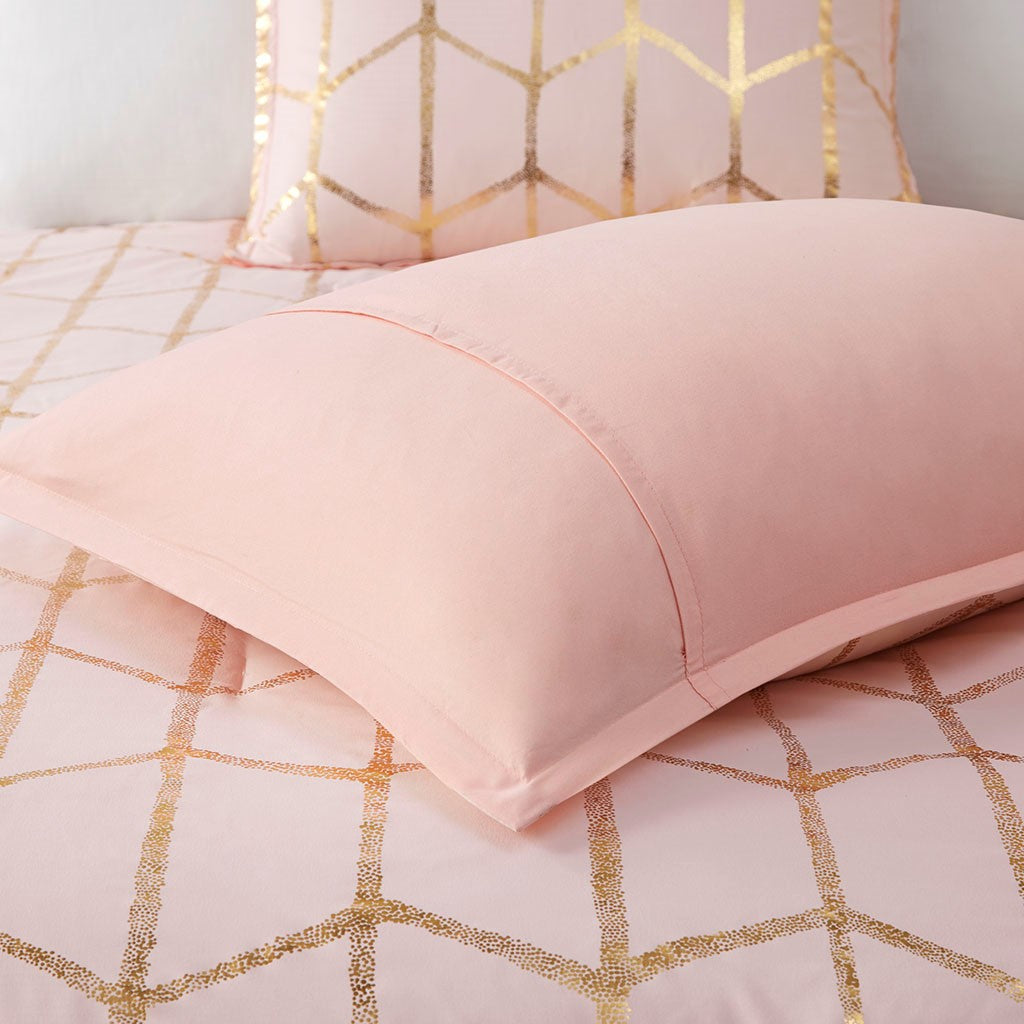 Luxuera Metallic Geometric Comforter Set – Blush Pink & Gold