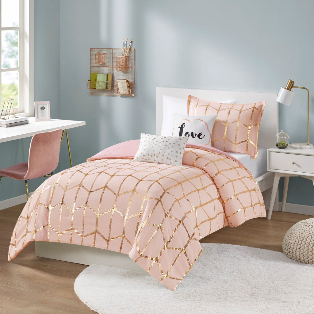 Luxuera Metallic Geometric Comforter Set – Blush Pink & Gold