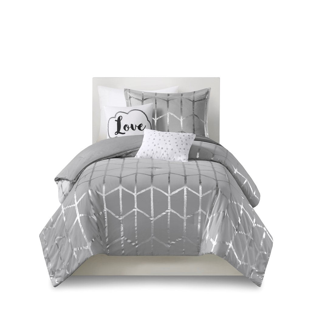 Luxuera Metallic Geometric Comforter Set – White & Silver