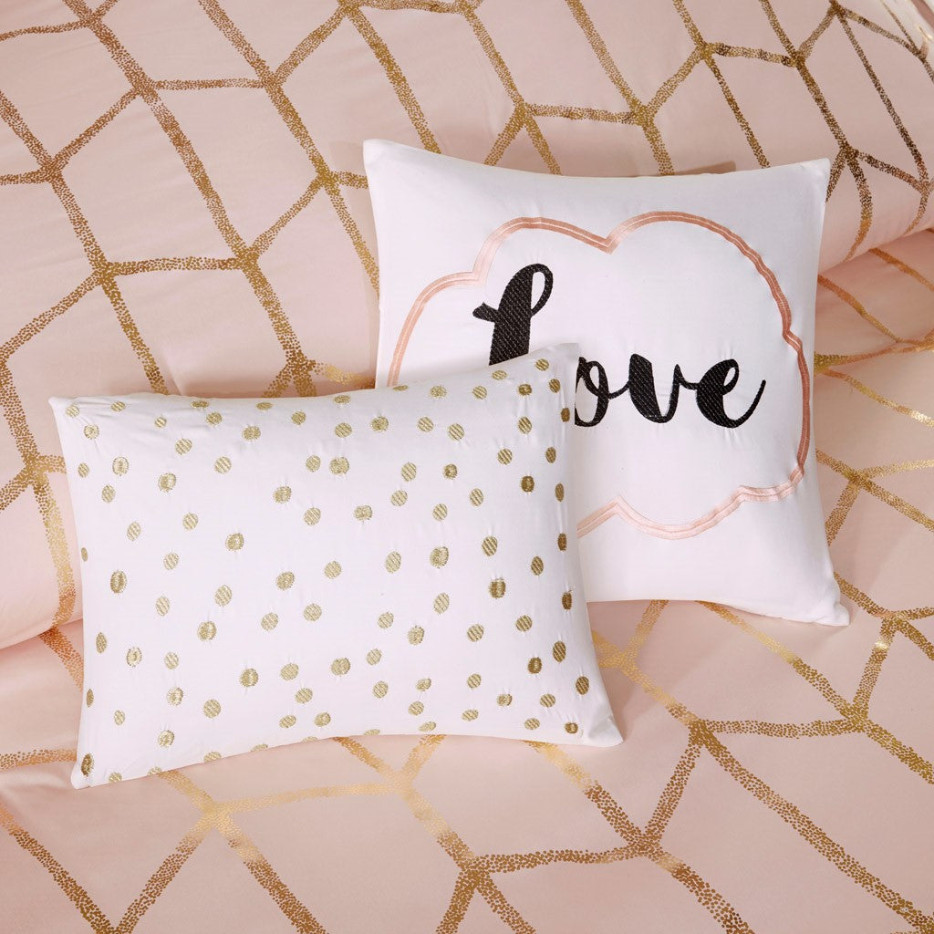 Luxuera Metallic Geometric Comforter Set – Blush Pink & Gold
