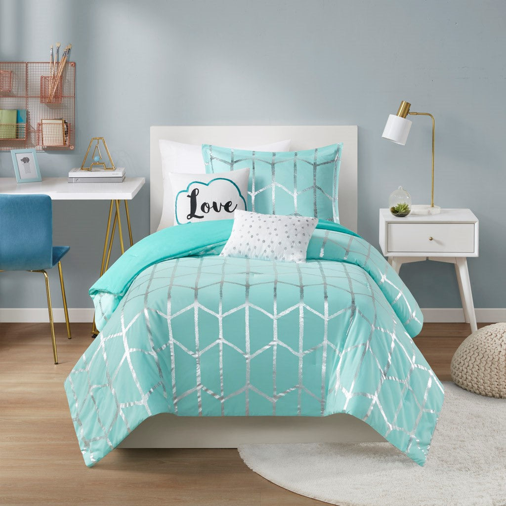 Luxuera Metallic Geometric Comforter Set – Aqua Blue