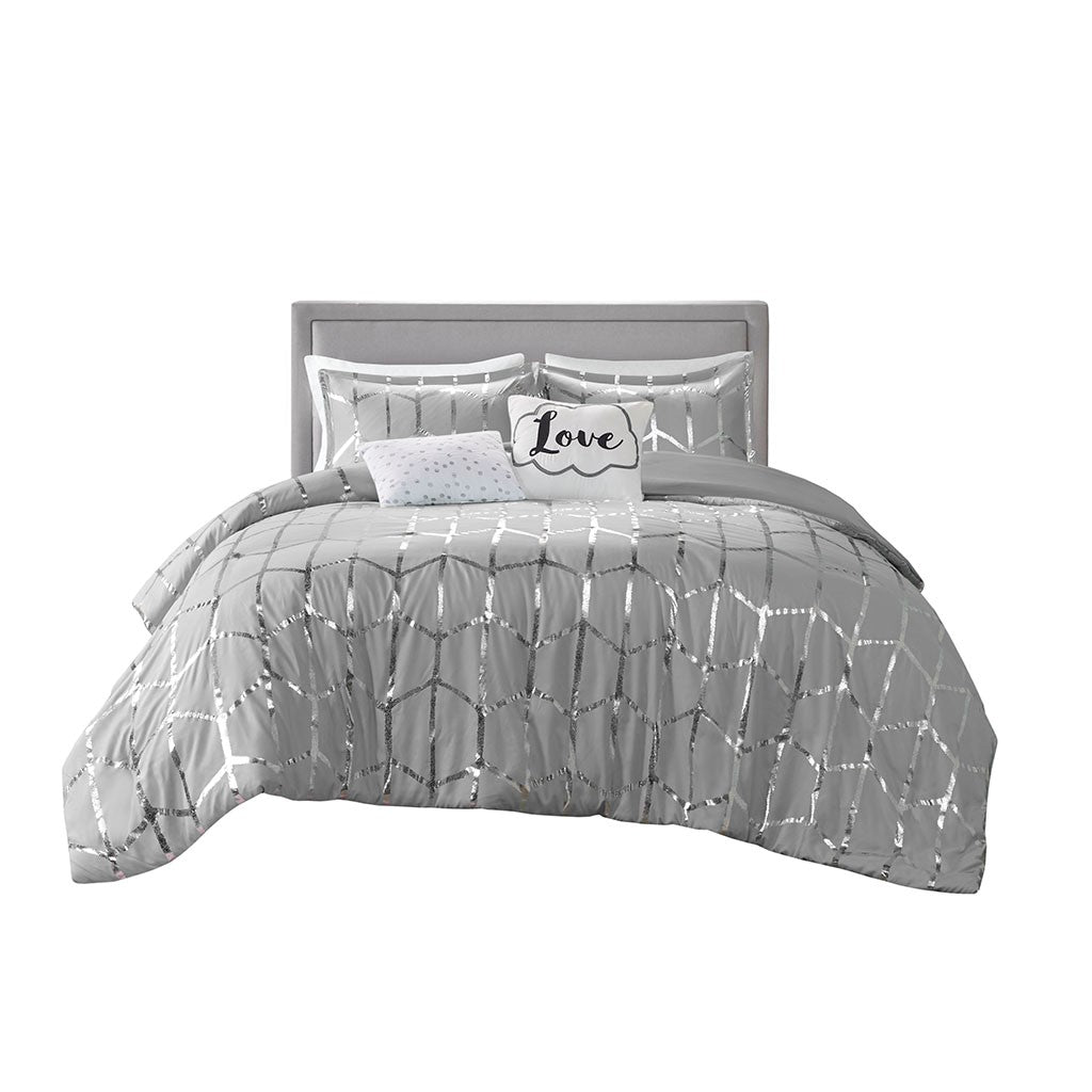 Luxuera Metallic Geometric Comforter Set – White & Silver