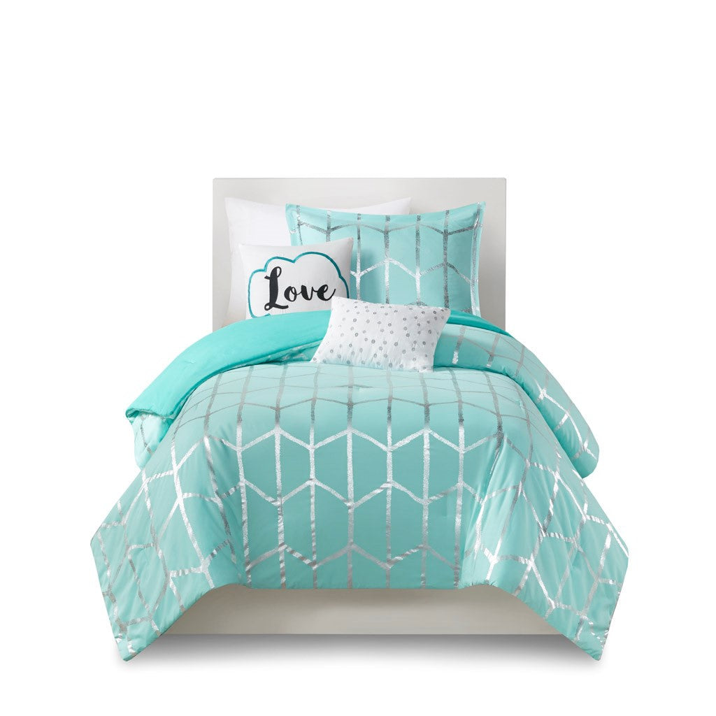 Luxuera Metallic Geometric Comforter Set – Aqua Blue