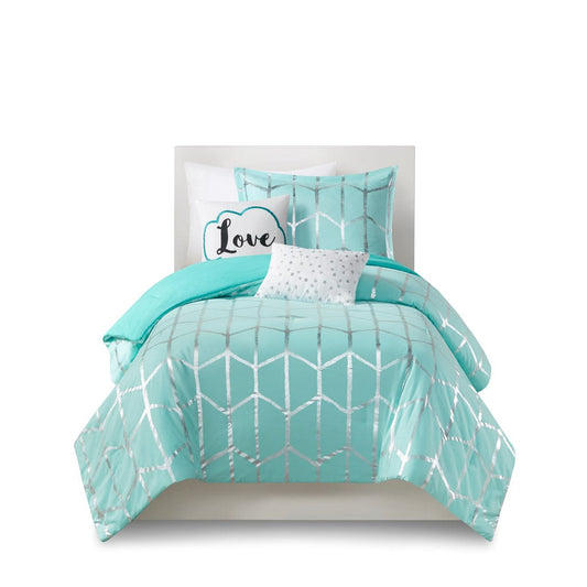 Luxuera Metallic Geometric Comforter Set – Aqua Blue