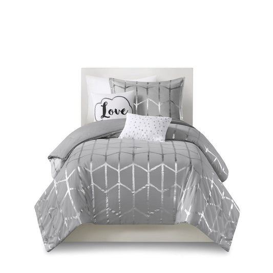Luxuera Metallic Geometric Comforter Set – White & Silver