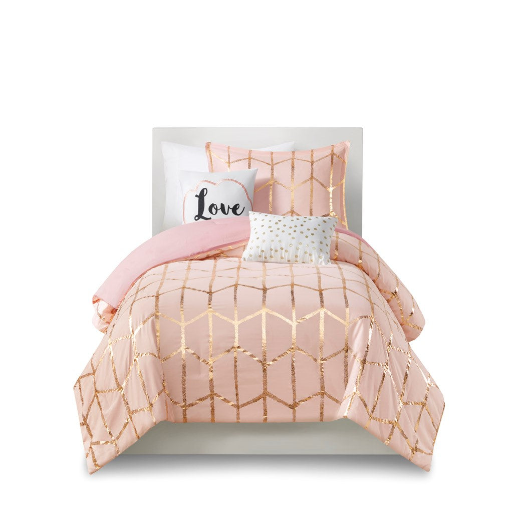 Luxuera Metallic Geometric Comforter Set – Blush Pink & Gold