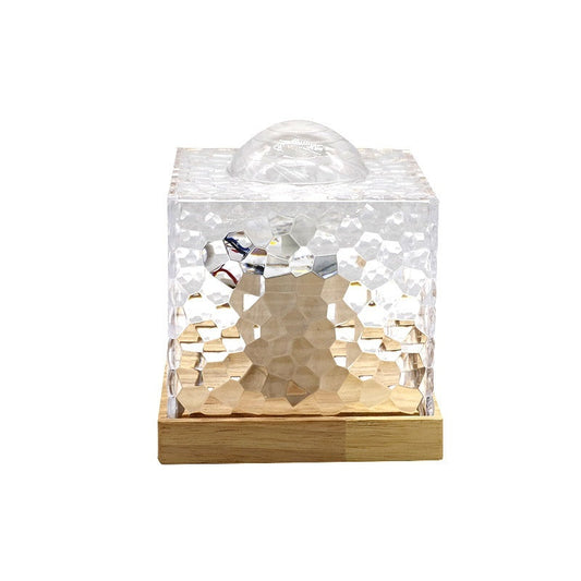 Decorative item with a deer silhouette inside a clear acrylic box on a wooden base.
