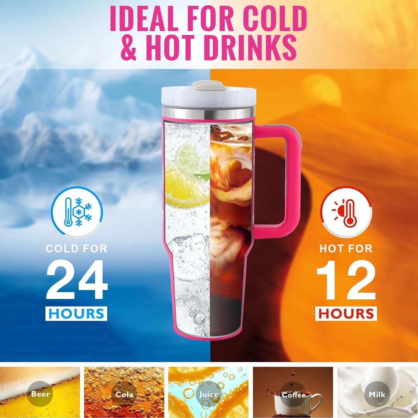 DecoRight 40oz Insulated Tumbler with Handle & Straw | Spill Proof Stainless Steel Mug