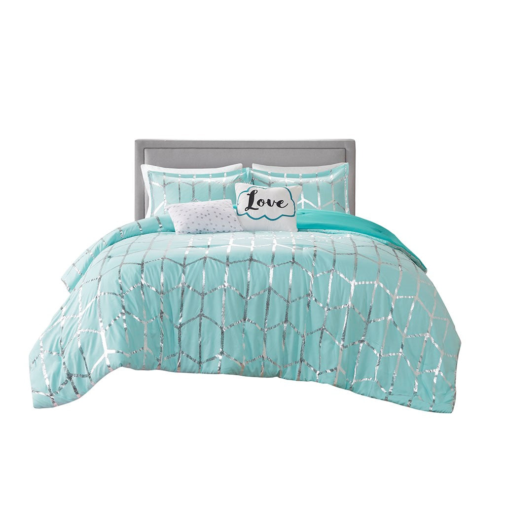 Luxuera Metallic Geometric Comforter Set – Aqua Blue