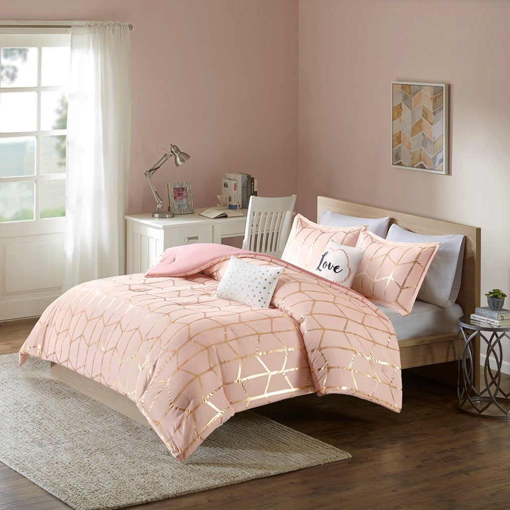 Luxuera Metallic Geometric Comforter Set – Blush Pink & Gold
