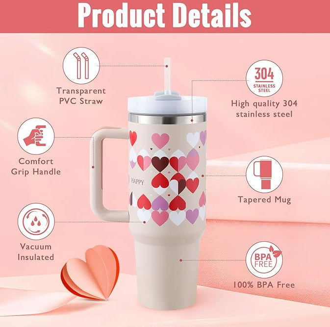 DecoRight 40oz Insulated Tumbler with Handle & Straw | Spill Proof Stainless Steel Mug