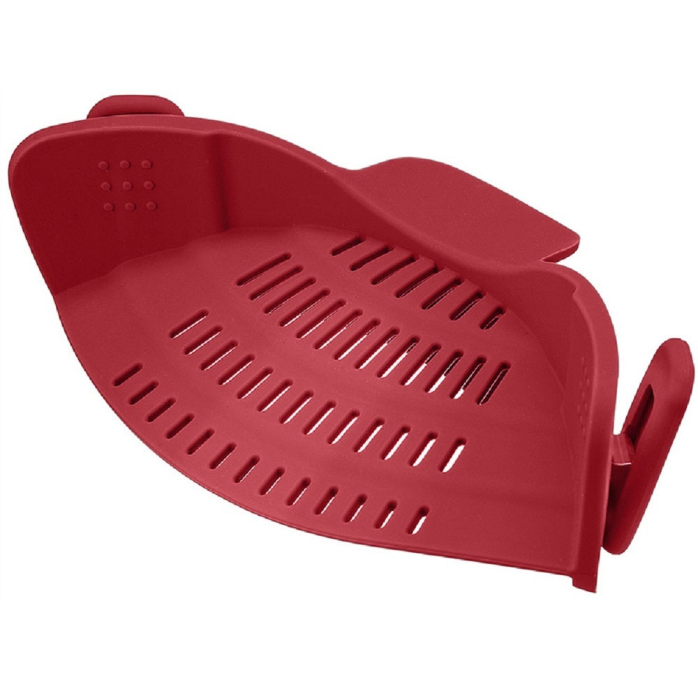 Red silicone pan holder on a white background